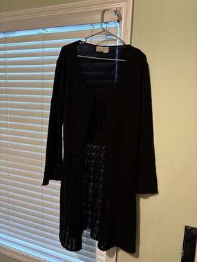 Vintage Fior-lini International Black Pointelle Knit Tie-Front DusterCardigan XL